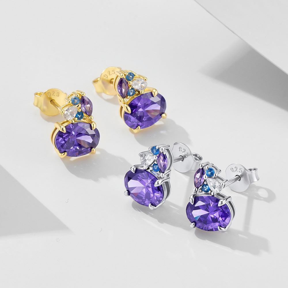 S925 Sterling Silver Colored Gemstone Stud Earrings Geometric Horse Eye Oval Purple Zircon