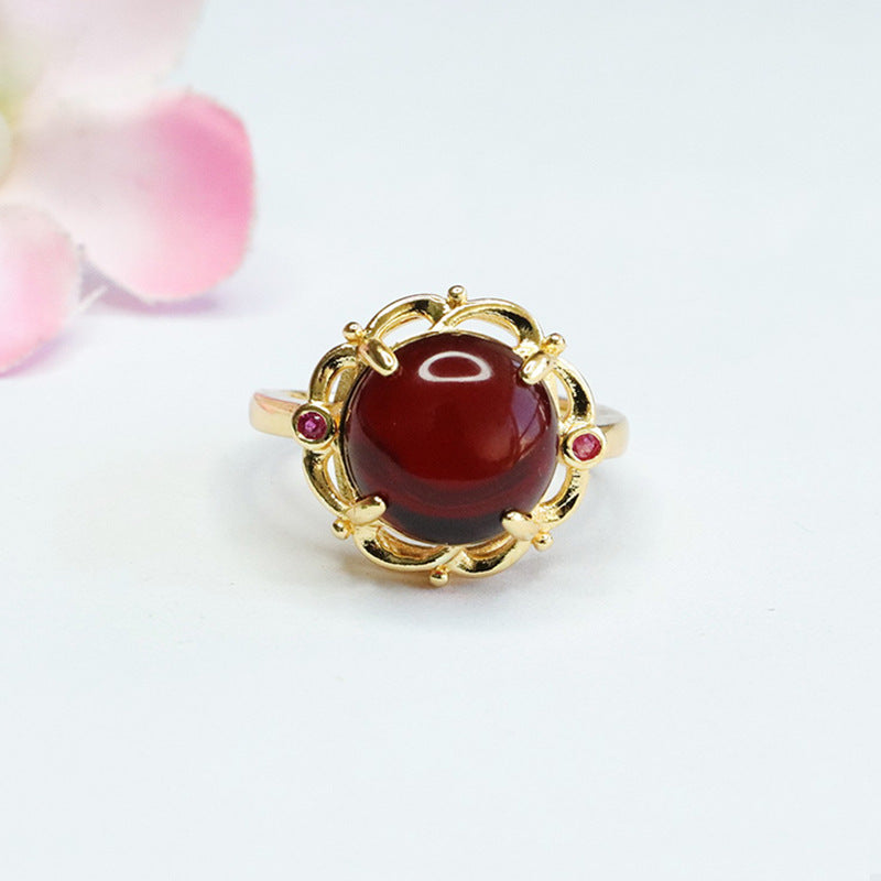 Elegant Hollow Flower Beeswax Amber Women's Ring
