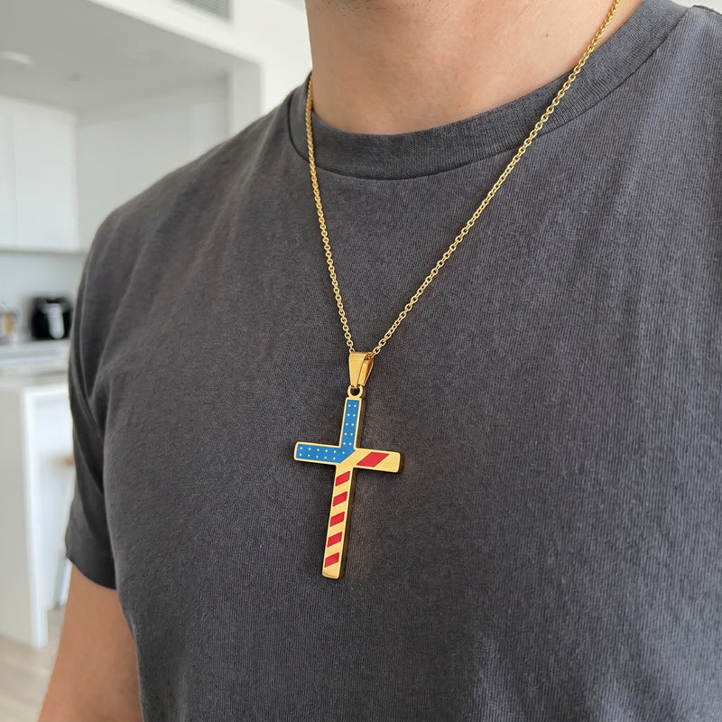 European, American Hip-Hop American Star-Spangled Banner Cross Dripping Oil Vacuum Plating Stainless Steel Necklace