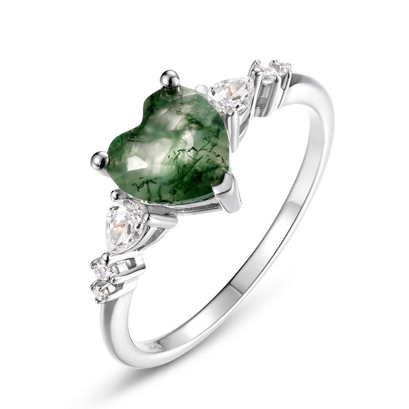 Planderful Jewelry Green Moss Agate Heart Ring in Sterling Silver S925 for Everyday Elegance