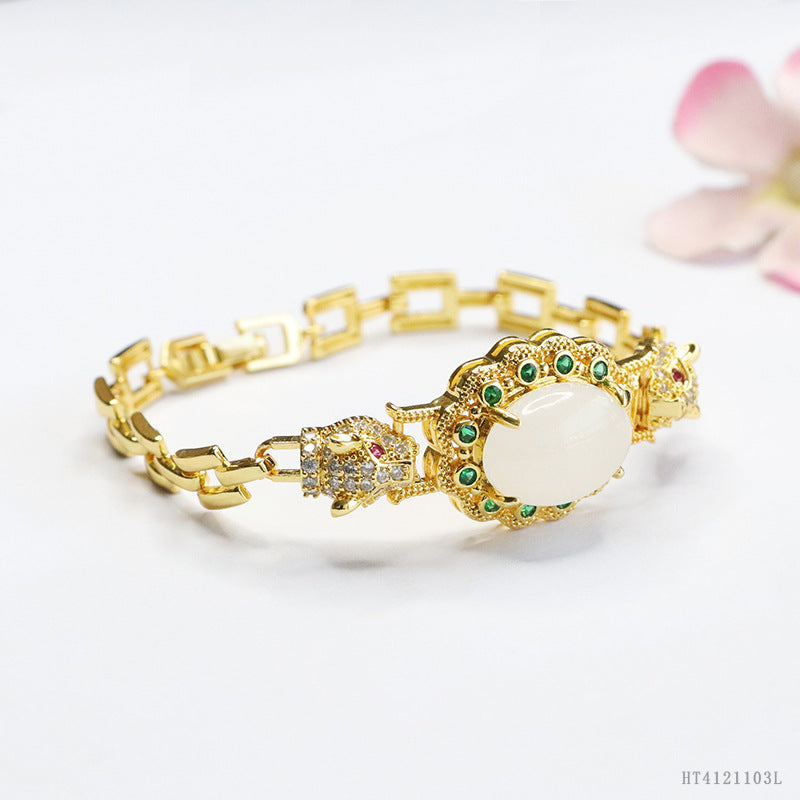 White Hetian Jade Leopard Motif Bracelet