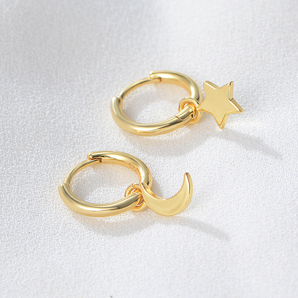 S925 Sterling Silver Star Moon Earrings Asymmetrical Gold-Plated Earrings