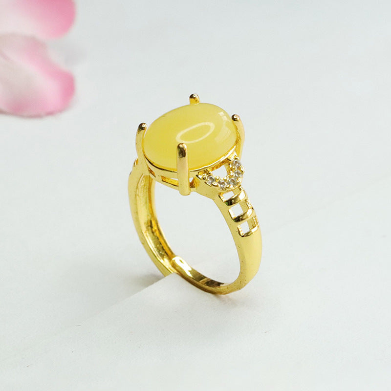 Organic Sterling Silver Beeswax Amber Ring with Zircon Accents in Ethnic Style