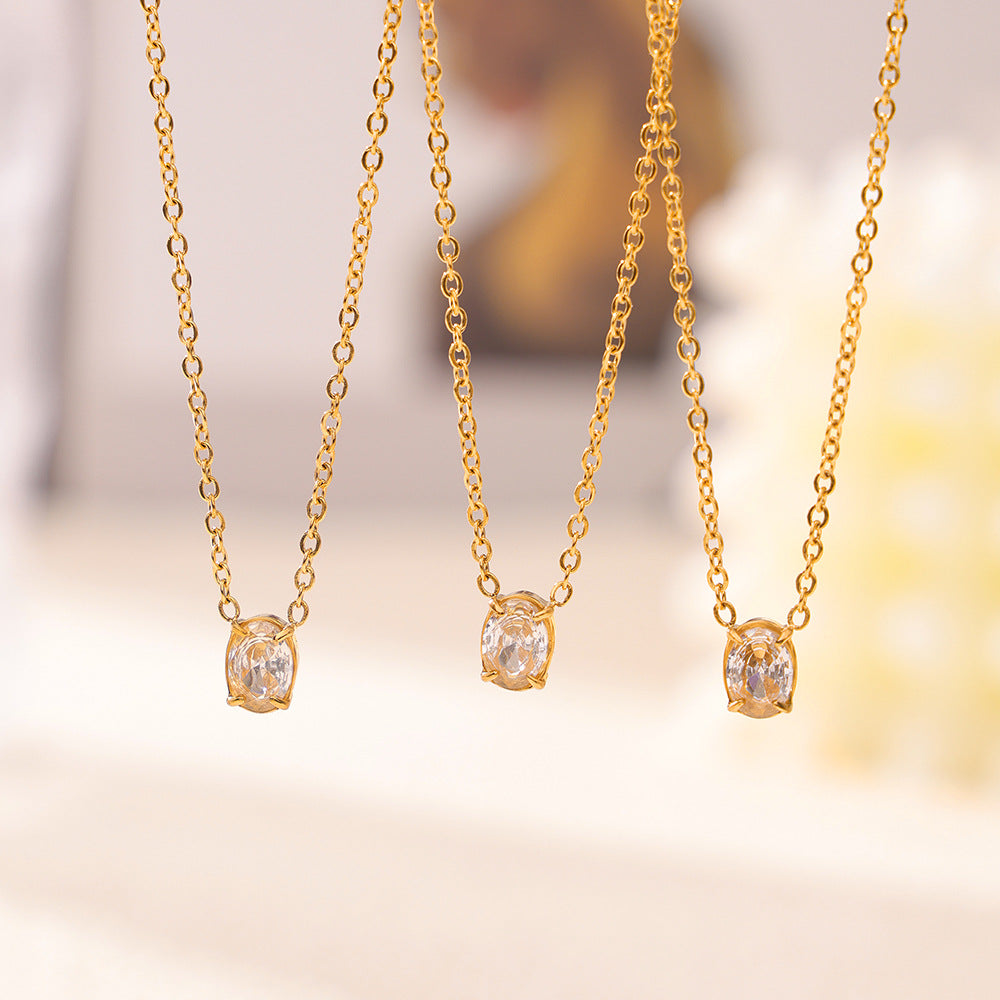 Elegant Zircon Oval Pendant Titanium Steel Necklace