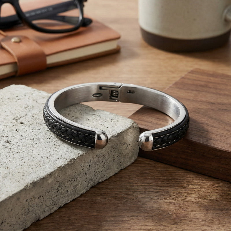 Design Atmospheric Braided Leather Stainless Steel C-Open Bracelet Men's