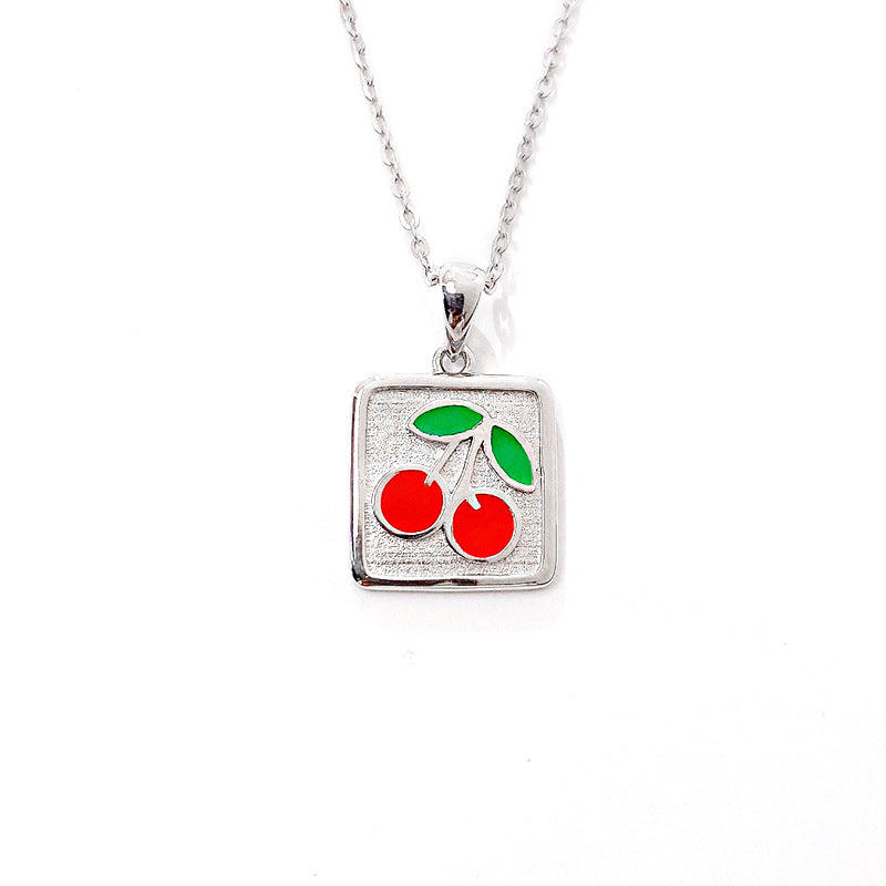 Ins Style Simple Square Cherry Necklace Women's S925 Sterling Silver Cute Collarbone Chain