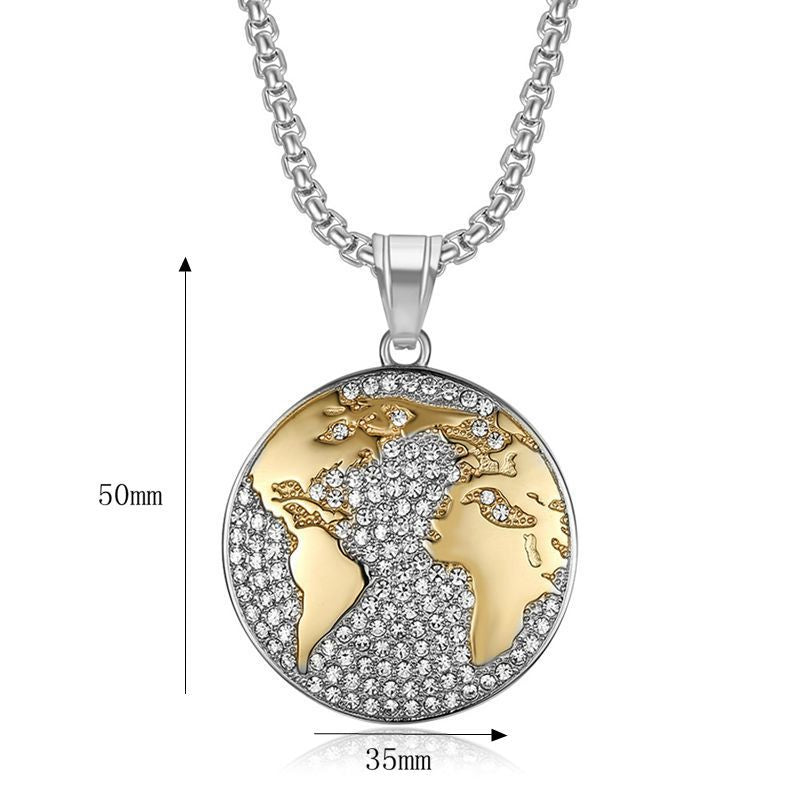 Planderful Hip Hop World Map Necklace For Urban Fashion Fans Stainless Steel Gold Plated Rhinestone Pendant