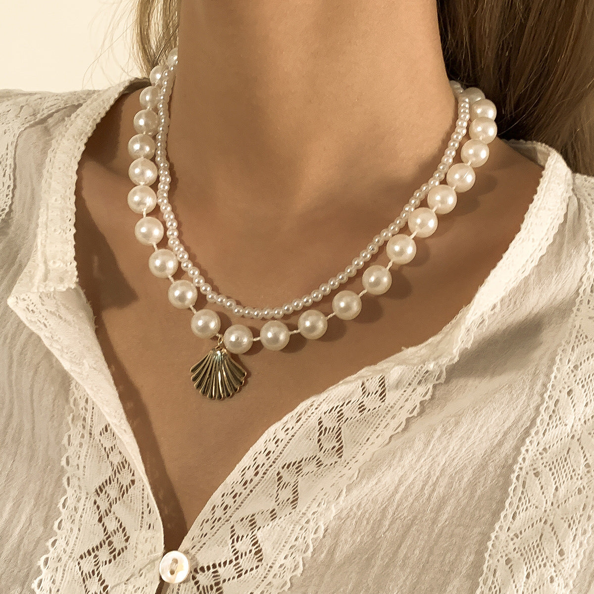 Planderful Vienna Verve Ocean Shell Beaded Layer Necklace for Women Imitation Pearl Geometric Statement Jewelry