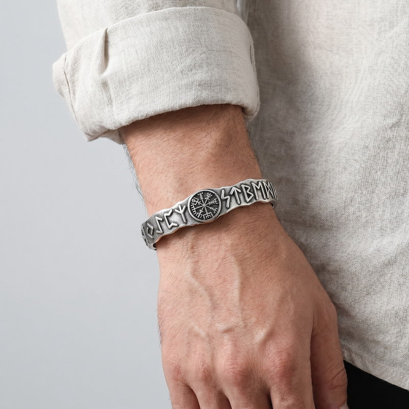 Nordic Viking Warrior Luhn Rune C-Type Bracelet Wolf Head Stainless Steel Men's Open