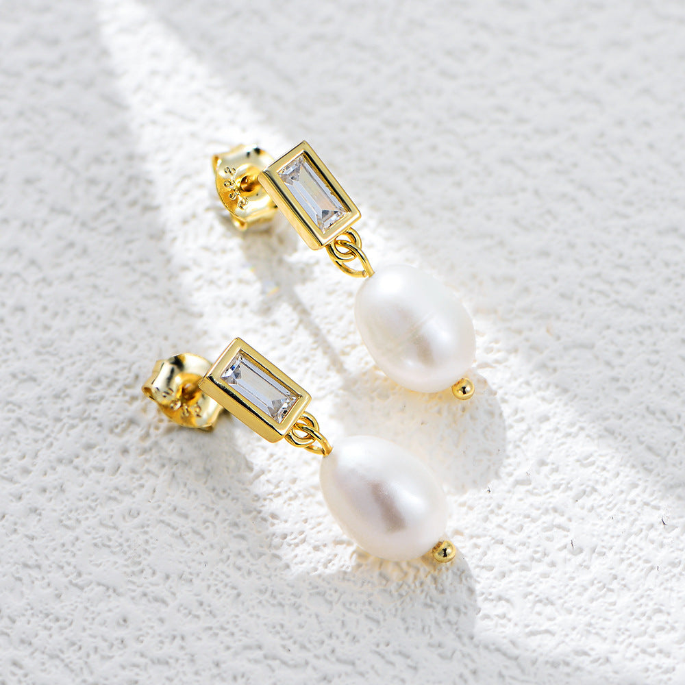 Planderful S925 Sterling Silver Natural Freshwater Pearl Earrings For Women With Luxurious Rectangular Zircon Accents