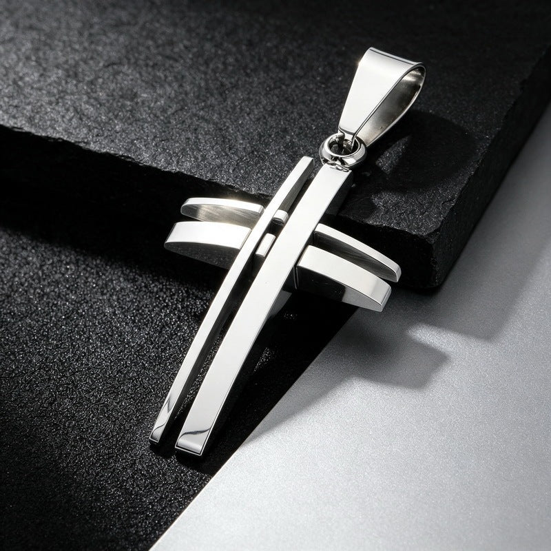 Niche Simple Pendant, Mixed Color Double-Layer Dislocation Hollow Cross Stainless Steel Men's Pendant Necklace