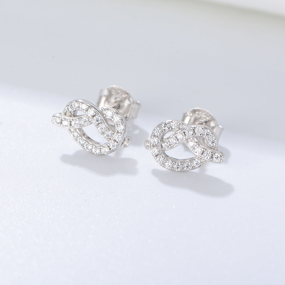 S925 Silver Knotted Rope Knot Geometric Zircon Stud Earrings Design Mini Earrings
