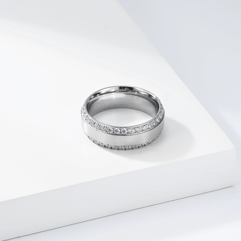 Planderful Unisex Zircon Ring Double Row 18K Gold Inlaid Titanium Steel Plated Luxury Jewelry