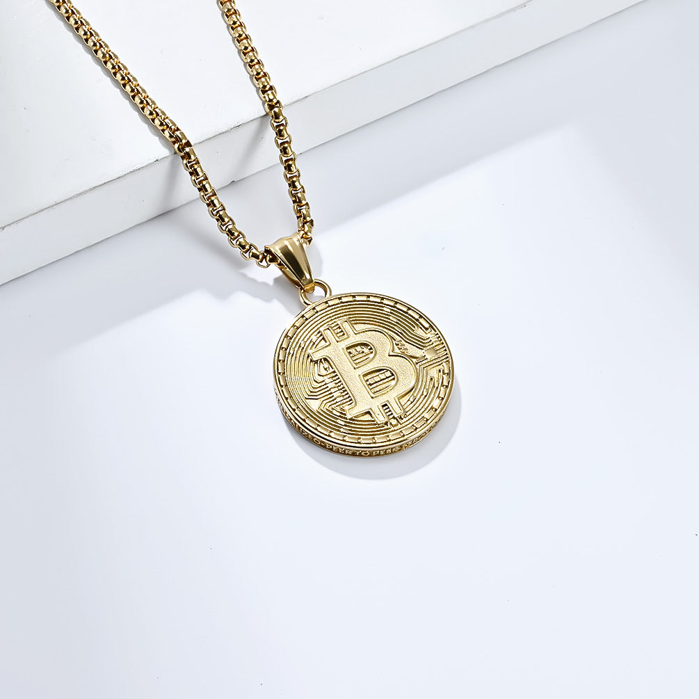 Planderful Bitcoin Pendant Necklace Titanium Steel Gold Plated For Crypto Fans And Hip Hop Fashion