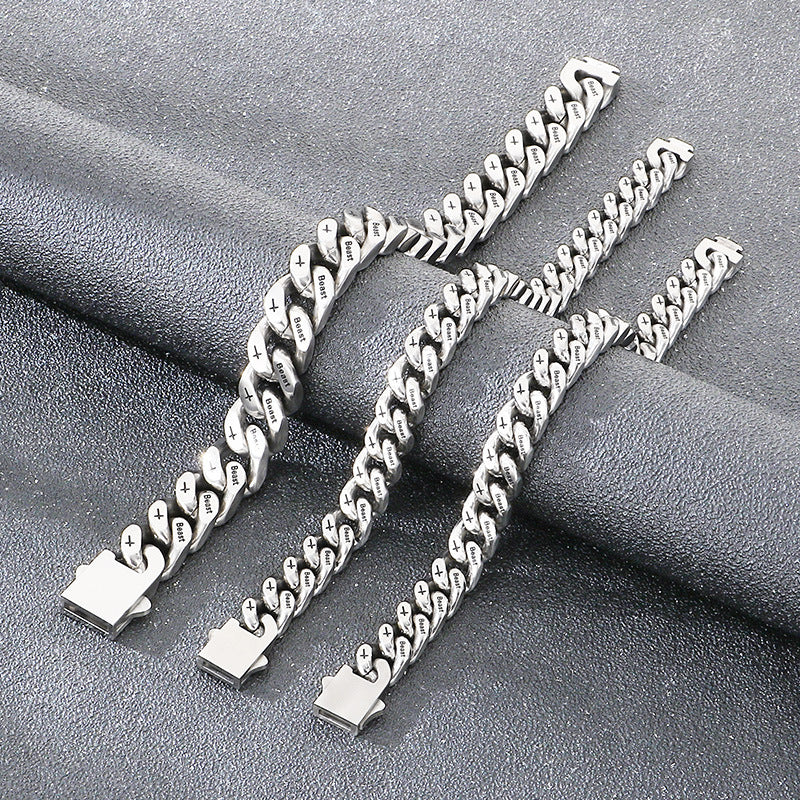 Niche Hip Hop Cross Beast Bracelet – Stainless Steel Engraved La Sand Cuban Chain Men's