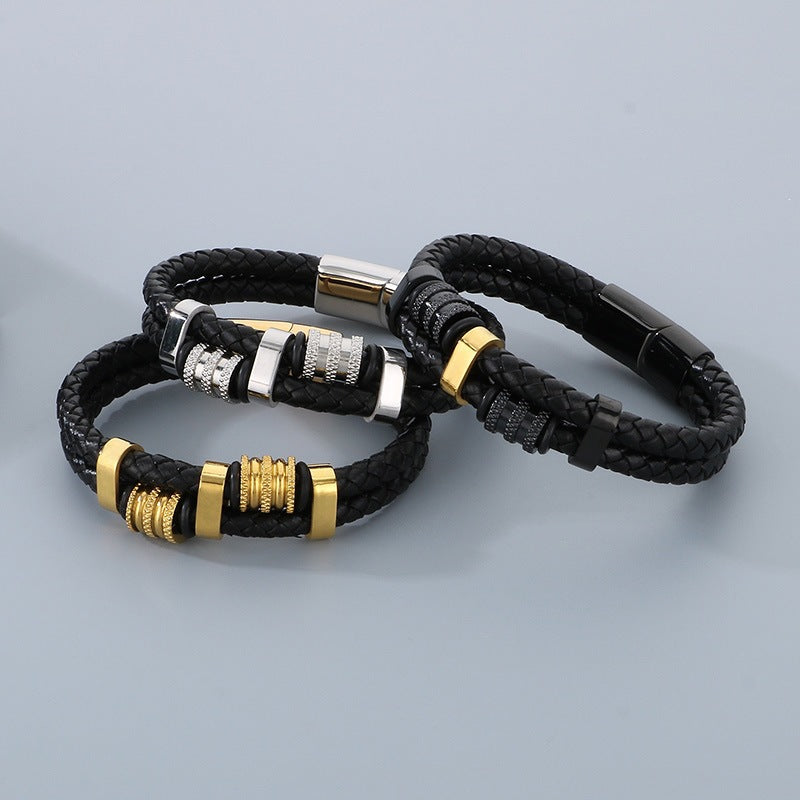Business Style Double-Strand Woven Leather Rope Bracelet – Punk Stainless Steel Beaded