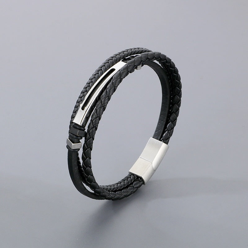 Multi-Layer Leather Rope Bracelet – Black Woven Leather Layered Stainless Steel
