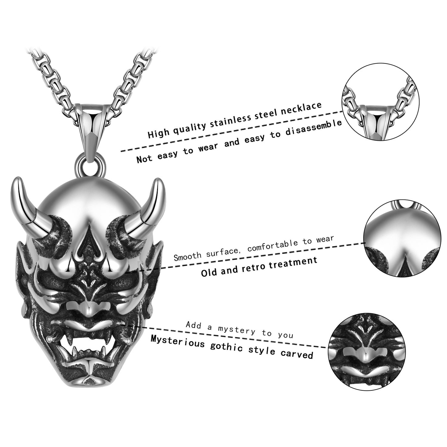 Stainless Steel Necklace - Vintage Mens Horn Mask Pendant With Bold Geometry And Retro Aesthetic