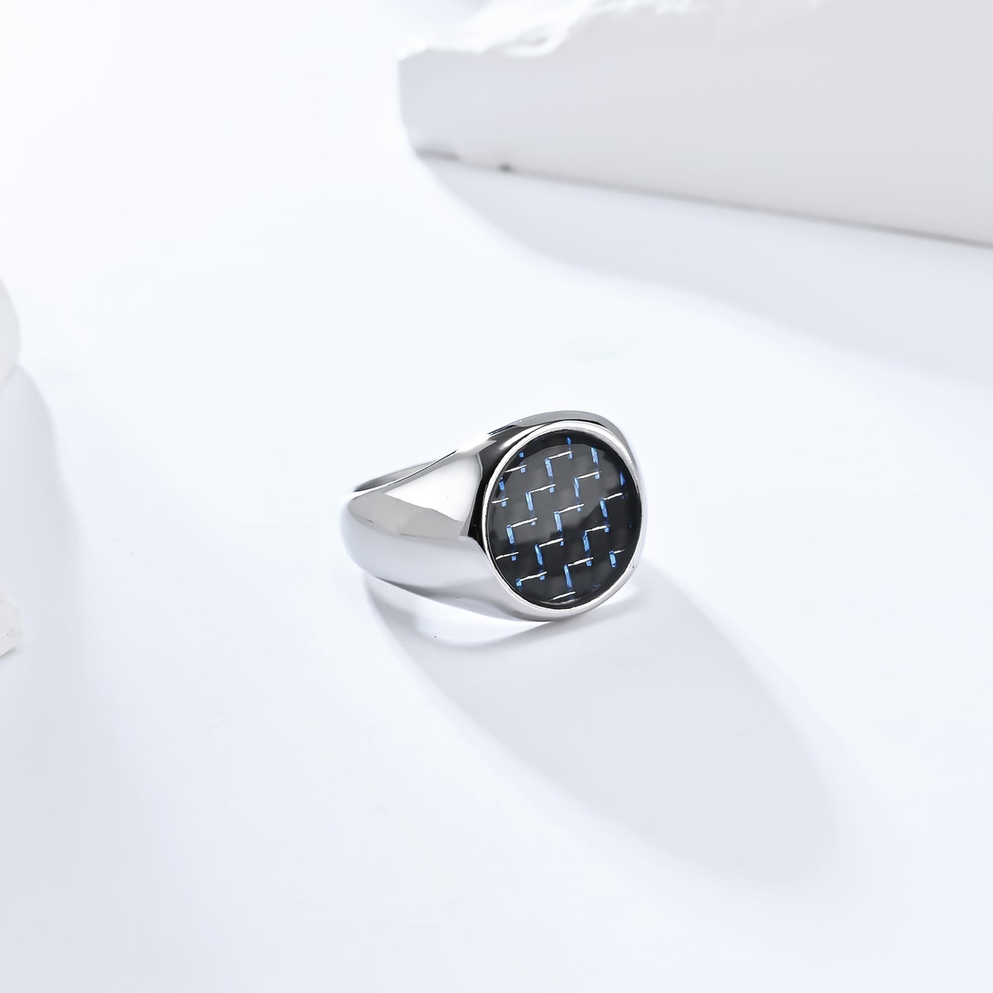 Planderful Carbon Fiber Inlaid Steel Ring For Men With Luxury Geometric Round Design Everyday Genie Collection