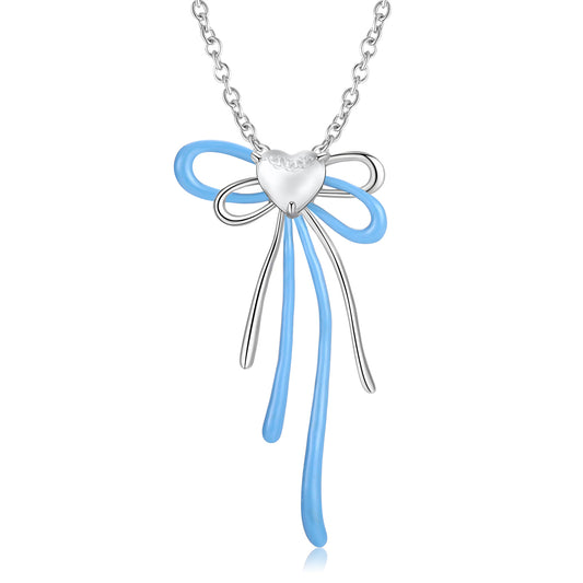 Heart Shape Blue Bow Silver Necklace