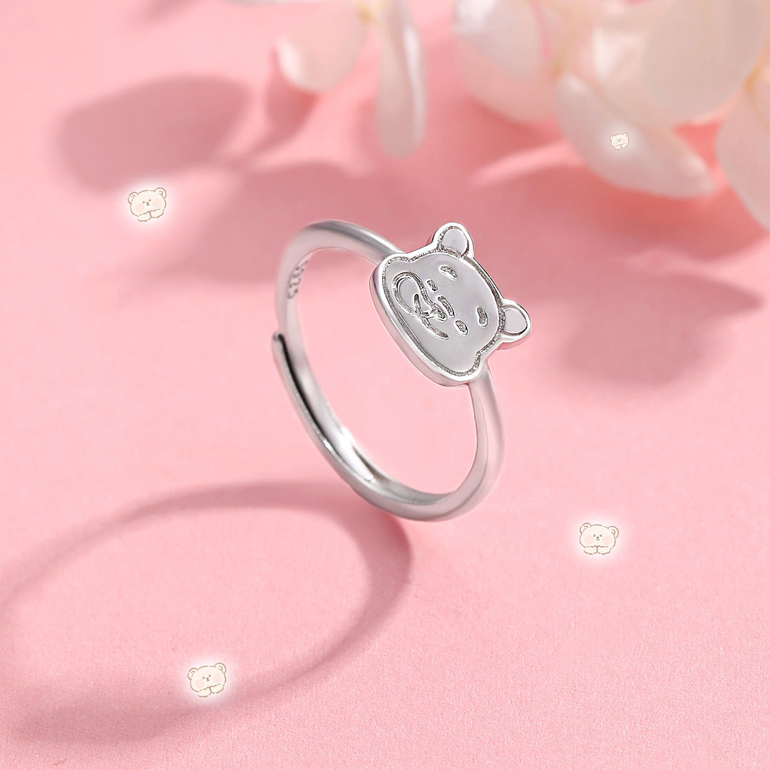 Planderful Little Bear S925 Sterling Silver Ring For Women Open Adjustable Cute Cartoon Design