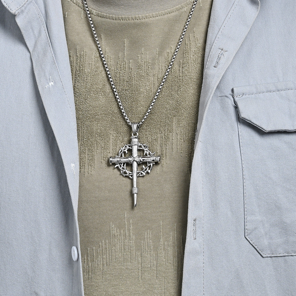 Steel Necklace – Statement Cross Pendant With Thorn Wreath Design For Hipster Street Style