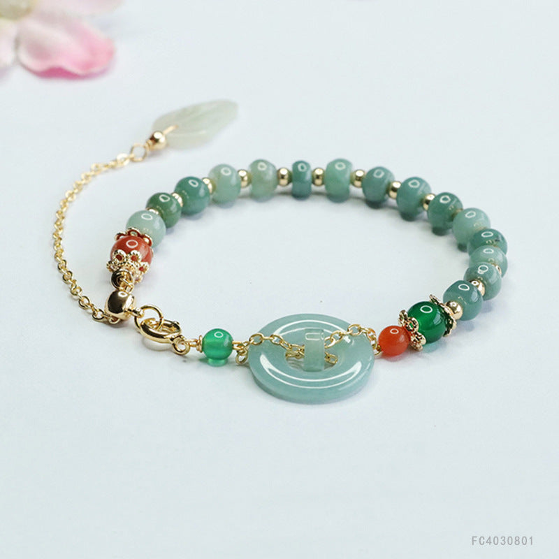 Blue Water Jadeite Leaf & Peace Ring Bracelet