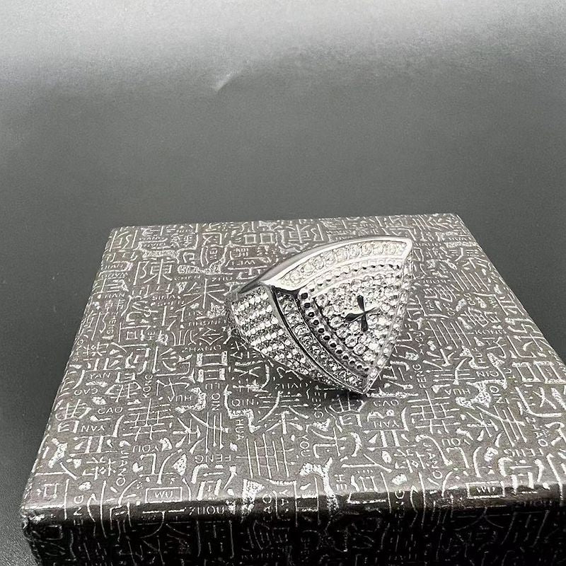 Planderful Hip Hop Ring For Men Stainless Steel Gold Plated Rhinestone Triangular Cross