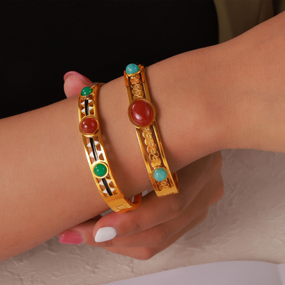Golden Glaze Natural Stone Bracelet with Retro Design