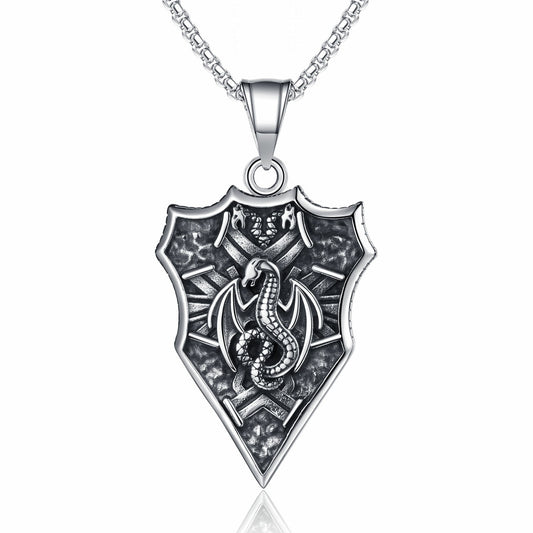 Steel Necklace - Statement Nordic Viking Dragon Shield Design For Hip Hop Fashion And Everyday Wear