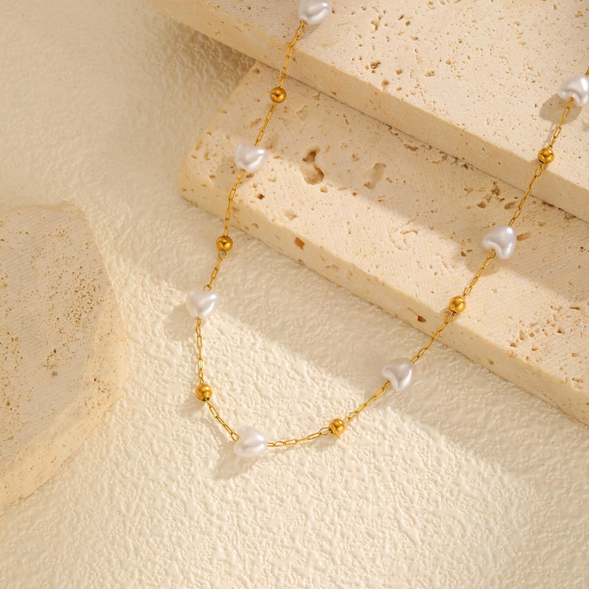 Stainless Steel Round Bead Heart Imitation Pearl Necklace Bracelet Gold Ladies Elegant