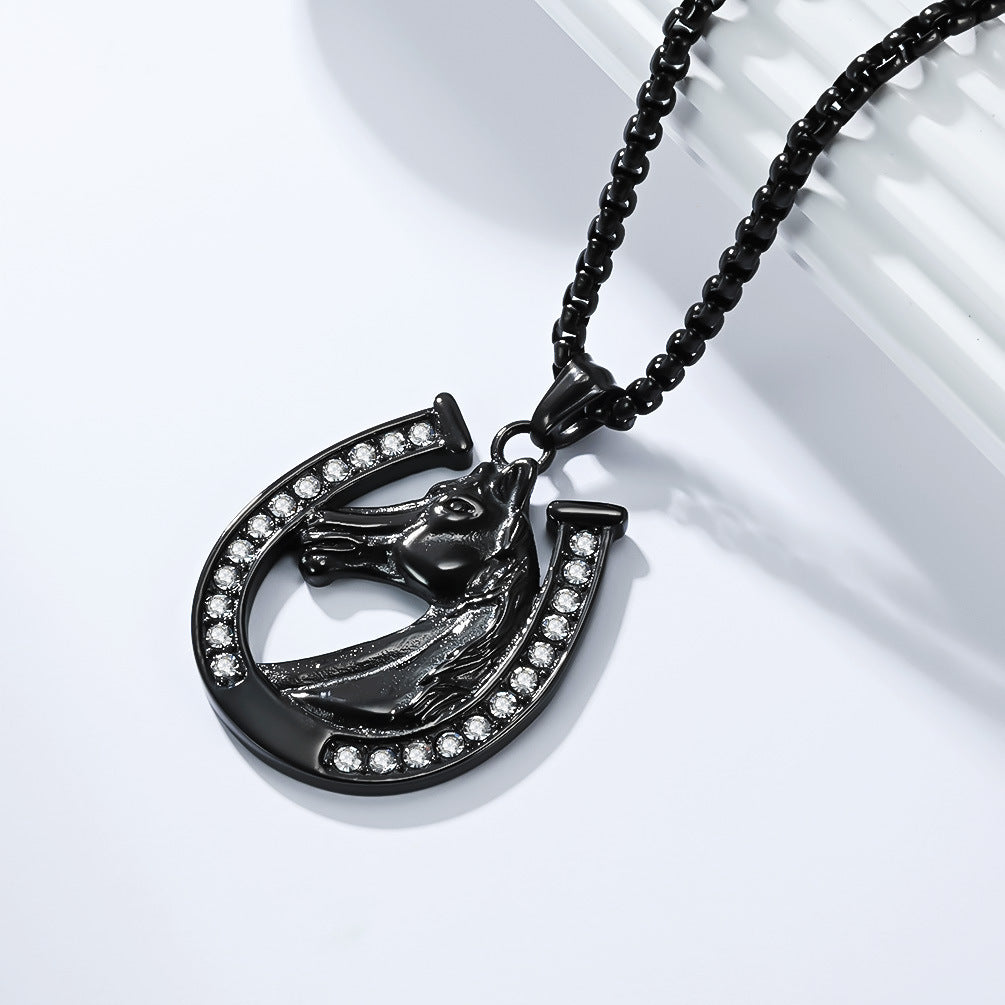 Planderful Horseshoe Necklace With Zircon Horse Head Pendant In Titanium Steel For Men Hip Hop Style Jewelry