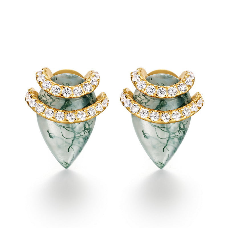 Planderful Everyday Genie Earrings – Natural Green Moss Water Drop Design in S925 Silver Plated Gold