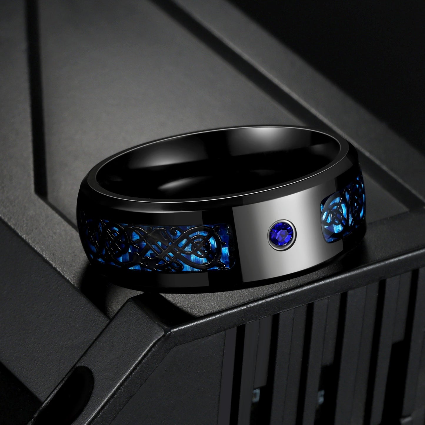 Planderful Dragon Ring for Men Blue Carbon Fiber Zircon