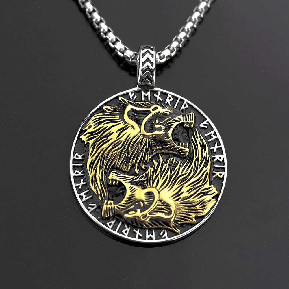 European and American Jewelry Wholesale Titanium Steel Men's Pendant Necklace with Double Wolf Head Design