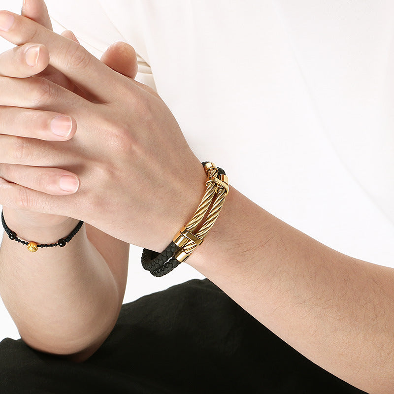 Business Style Black Double Leather Rope Leather Bracelet Layered Stainless Steel