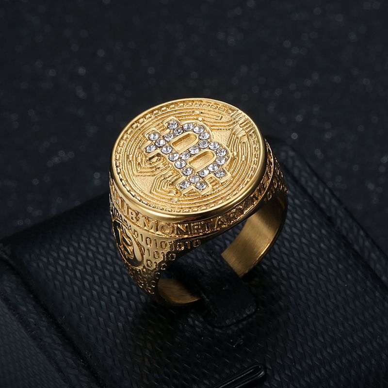 Planderful Hip Hop Ring Titanium Steel Gold Plated Zircon Bitcoin Theme For Men Bold Style