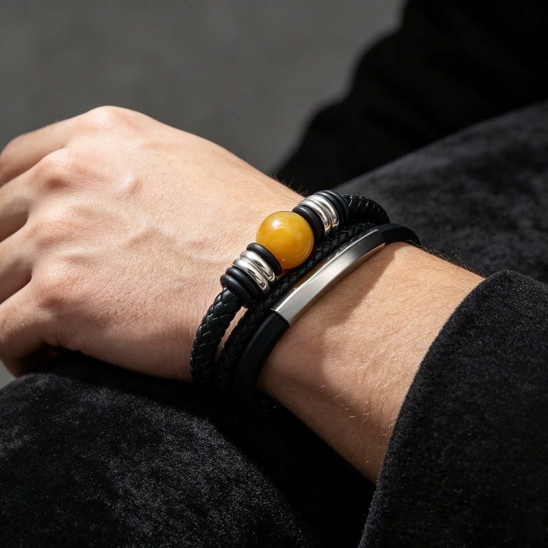 Turquoise Tiger's Eye Stone Multi-Layer Woven Leather Bracelet Lettering Curved Bar