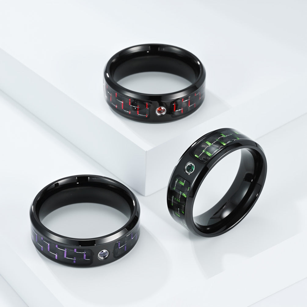 Planderful Multicolor Titanium Steel Carbon Fiber Inlaid Zircon Ring For Men Jewelry