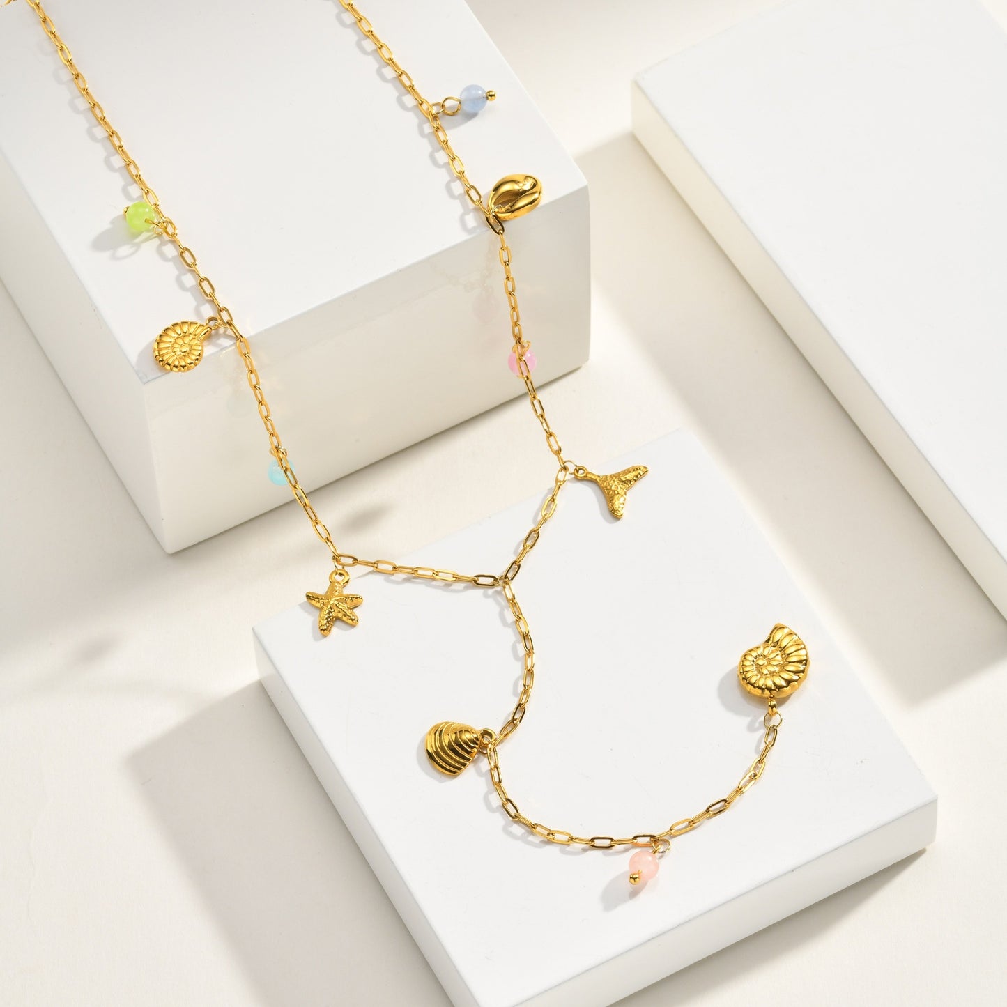 Ladies Gold Stainless Steel Ocean Natural Stone Y-Shaped Necklace Stacked Daily Gift