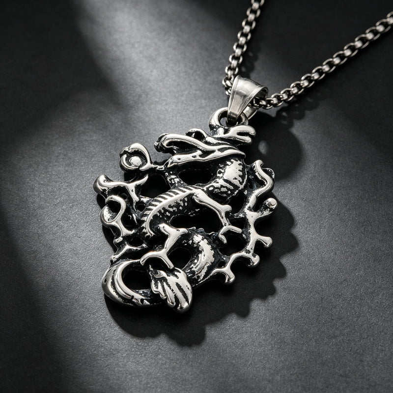 Chinese Style Retro Zodiac Dragon Necklace Stainless Steel Double Dragon Play Bead Pendant