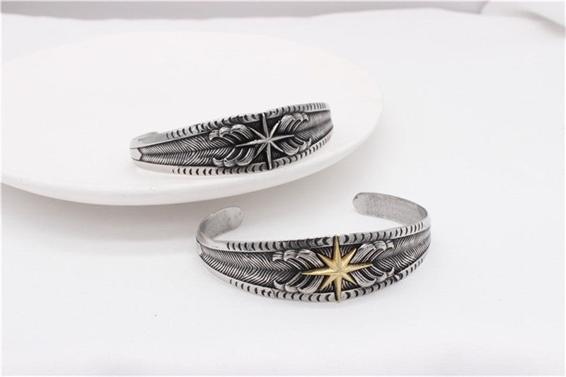 Titanium Steel Bracelet Unisex Bold Retro Feather Lion Star Design For Men And Women By Planderful Jewelry