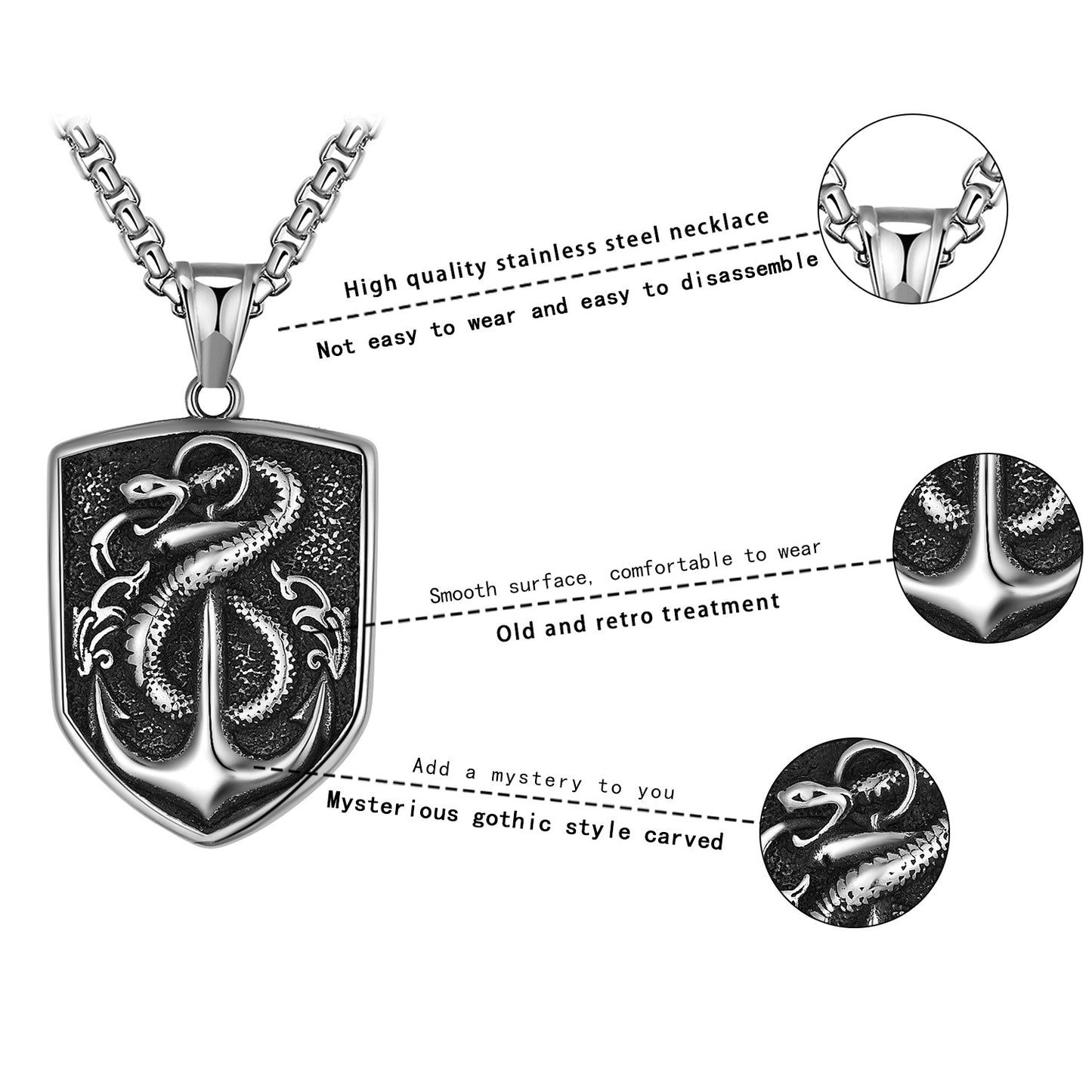 Steel Necklace - Luxury Hip Hop Chain with Snake and Anchor Tag for Men by Planderful