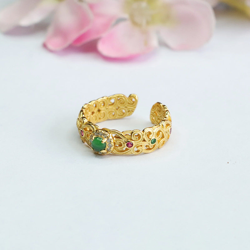 Sterling Silver Adjustable Imperial Green Jadeite Ring with Colorful Zircon Hollow Design.