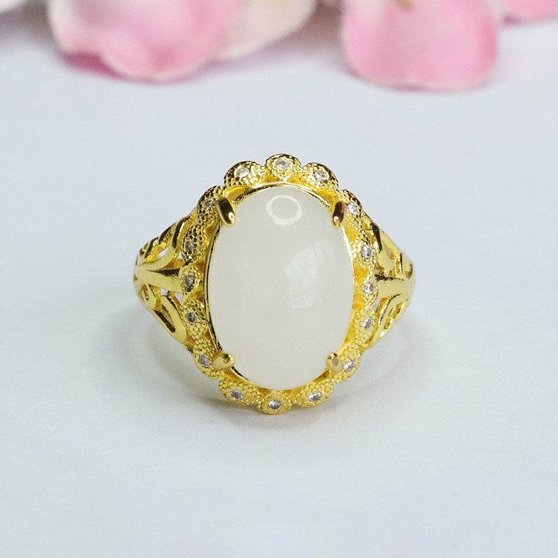 White Hetian Jade Cabochon Ring