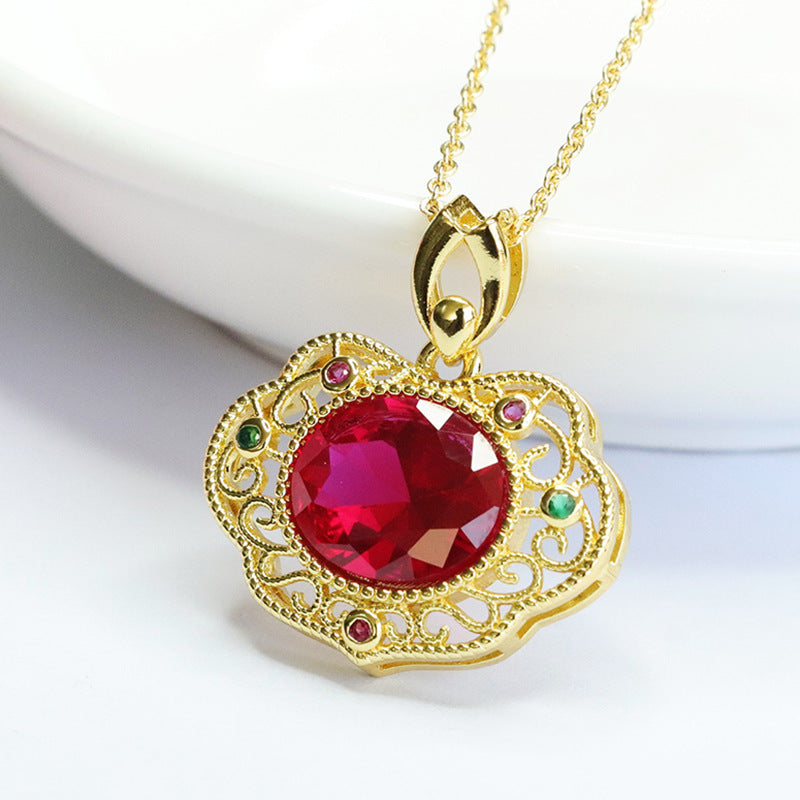 Lab-Grown Ruby Faceted Ruyi Pendant — No Chain