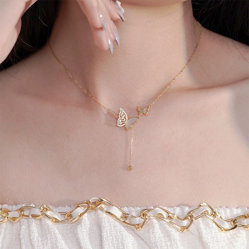Zircon and Pearl Double Butterflies Tassel Silver Necklace
