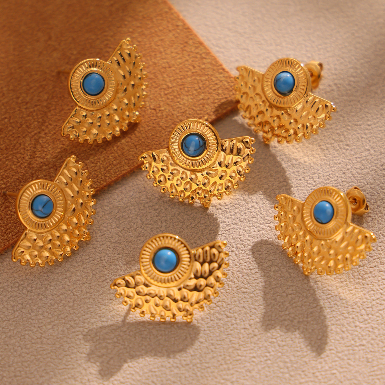 Turquoise Peacock Fan Stud Earrings 18K Gold Women