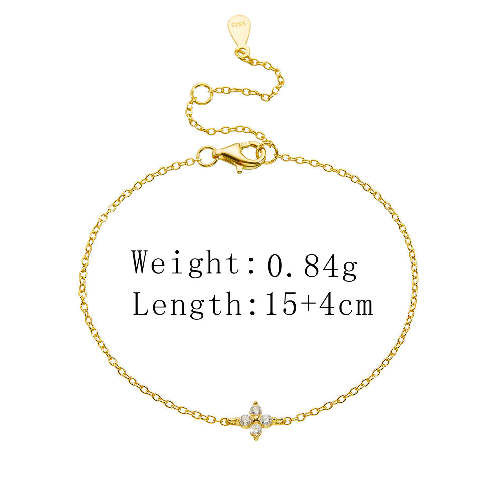 S925 Sterling Silver Four-Leaf Clover Bracelet Zircon Pendant Chain