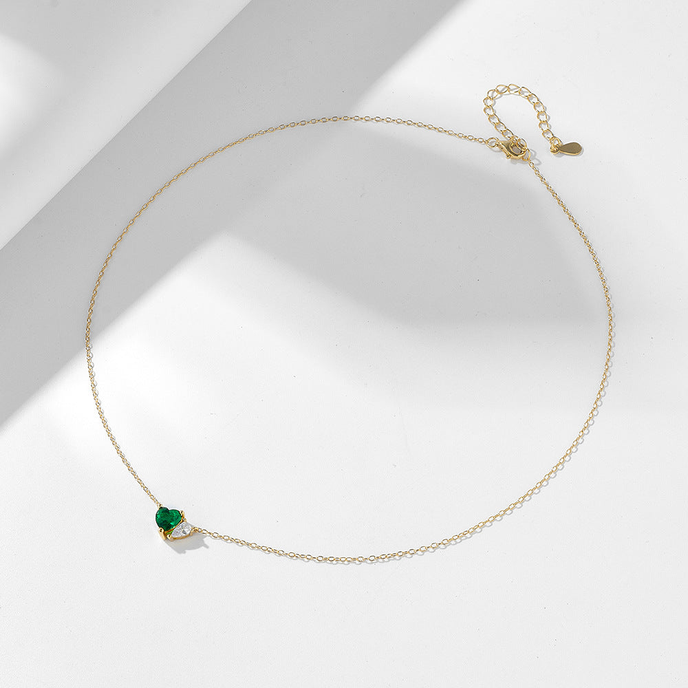 Emerald Green Heart Shape Zircon and Water Drop Zircon Silver Necklace